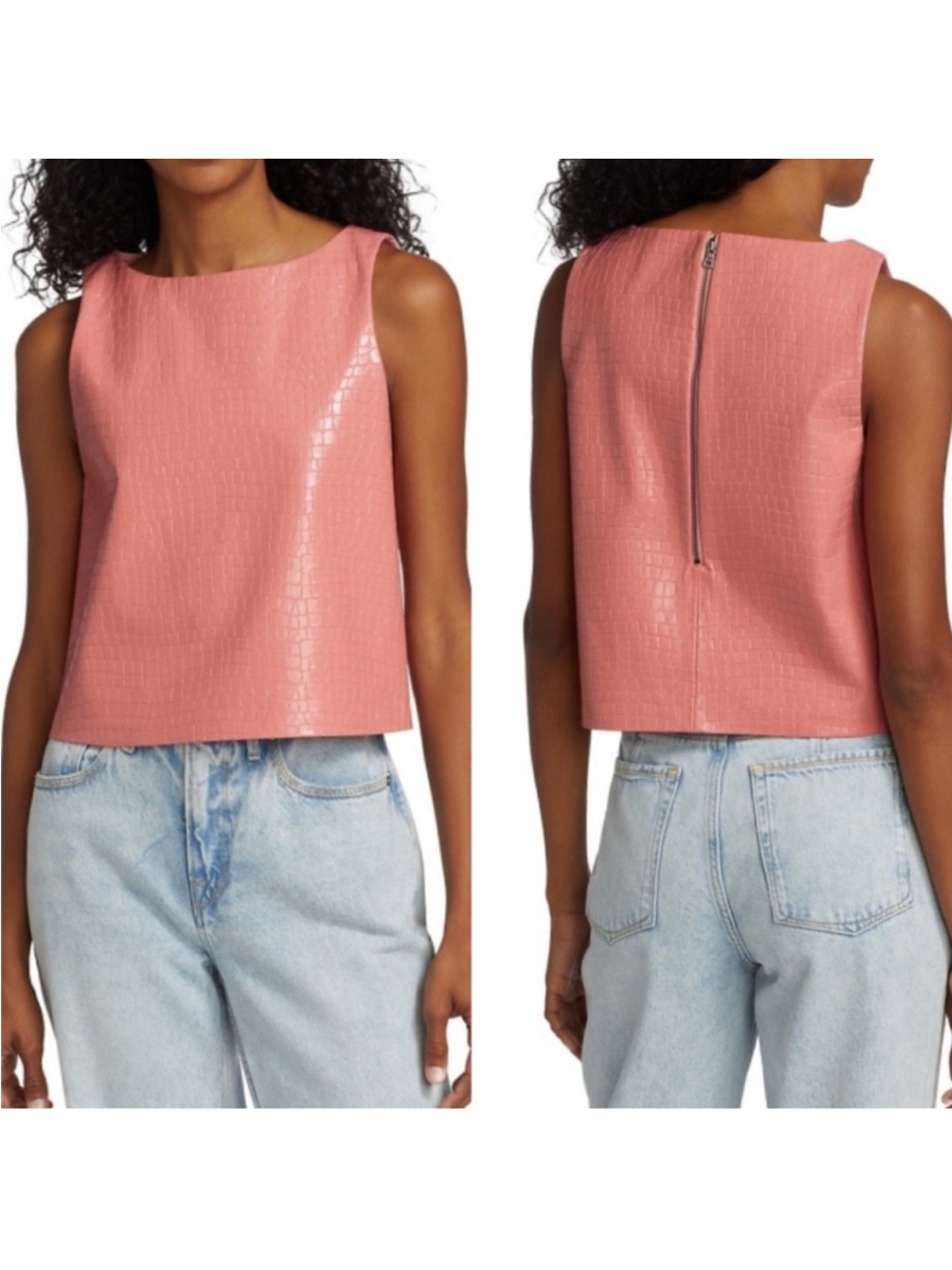 Alice + Olivia Women’s 4 Salmon Pink Amal Vegan Croc-Embossed Boxy Crop Top
